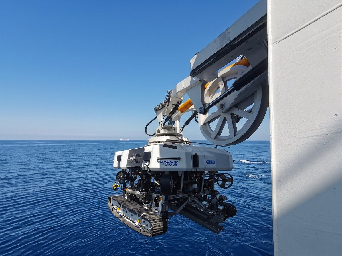 SeAlien Phoenix 600 trenching ROV suspended beside an offshore vessel over open water